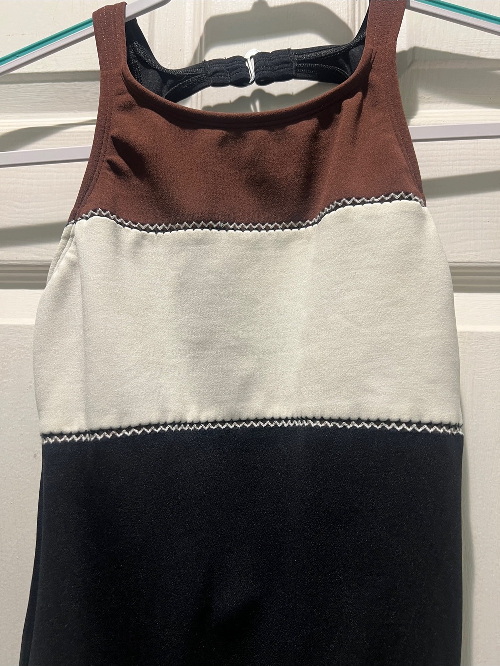 Colorblock High-Neck One-Piece Swimsuit - Brown/White/Black - Picture 4 of 9